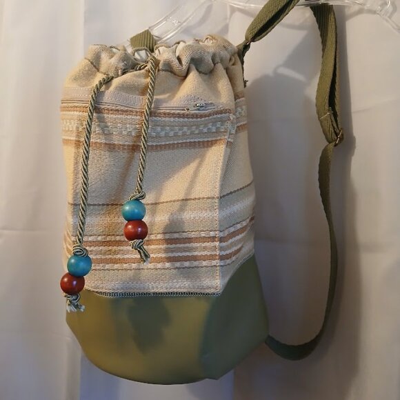 New Southwestern Cowgirl Bucket Tote Backpack Aztec Stripe Sage Tan Drawstring main image 6